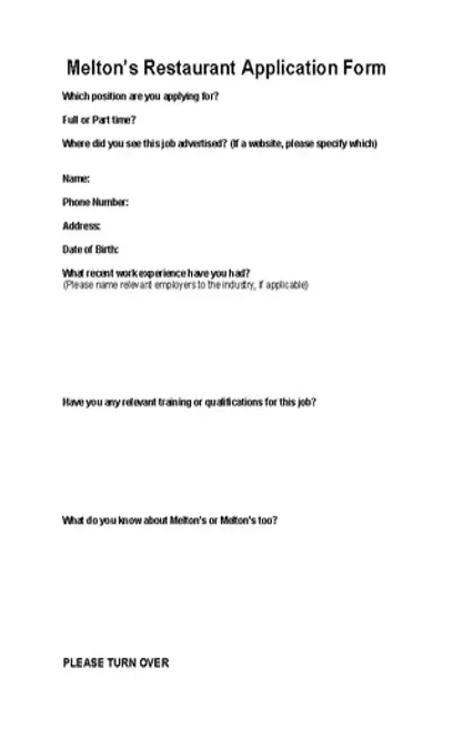 Meltons Restaurant Application Form Pdf Free Download