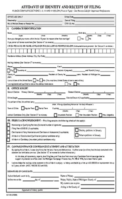 Michigan Affidavit Of Identity And Receipt Of Filing