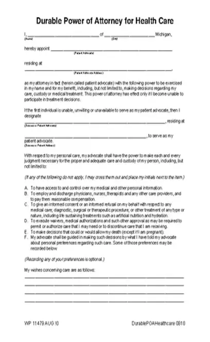 Michigan Health Care Power Of Attorney Form