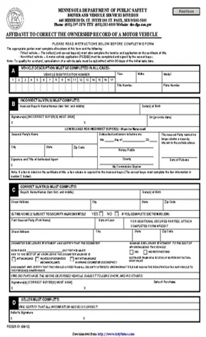 Minnesota Affidavit To Correct The Ownership Record Of A Motor Vehicle