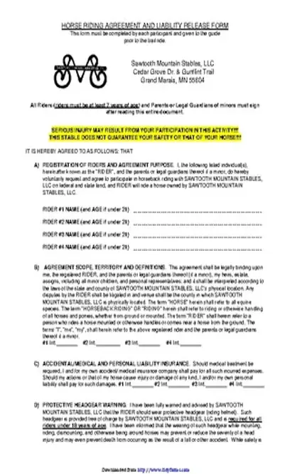 Minnesota Horse Riding Agreement And Liability Release Form