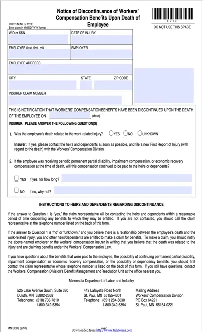 Minnesota Notice Of Discontinuance Of Workers Compensation Benefits Upon Death Of Employee