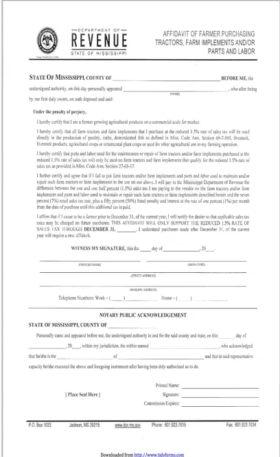 Mississippi Affidavit Of Farmer Purchasing Tractors Farm Implements And Or Parts And Labor Form