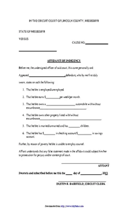 Mississippi Affidavit Of Indigency Form