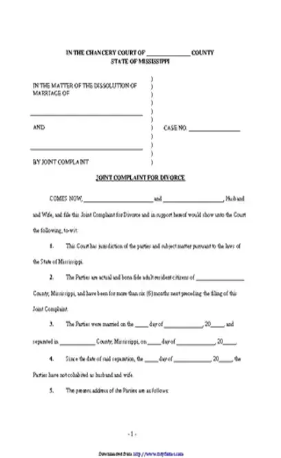 Mississippi Joint Complaint For Absolute Divorce Form