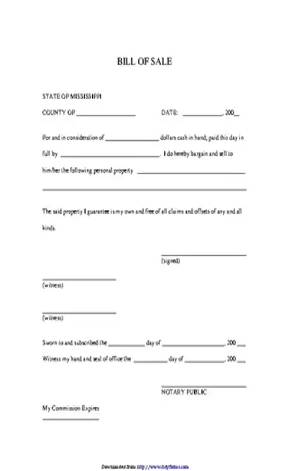 Mississippi Personal Property Bill Of Sale Form