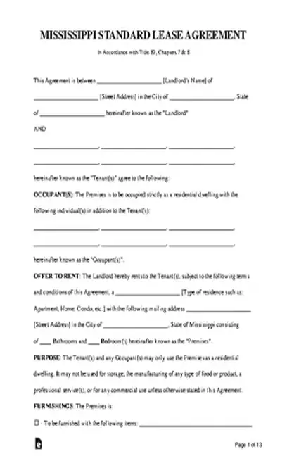 Mississippi Standard Lease Agreement Form