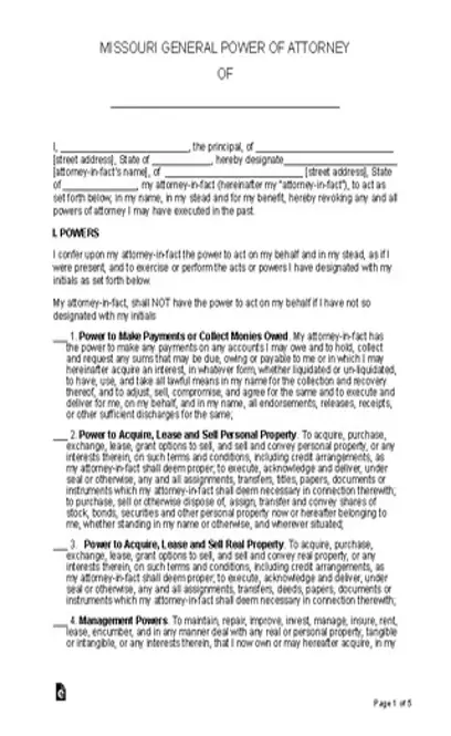 Missouri General Power Of Attorney Form