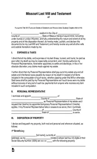 Missouri Last Will And Testament Template