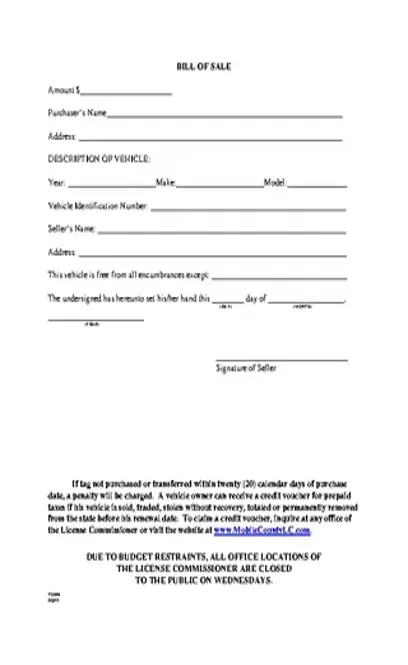 Mobile County Alabama Bill Of Sale Form