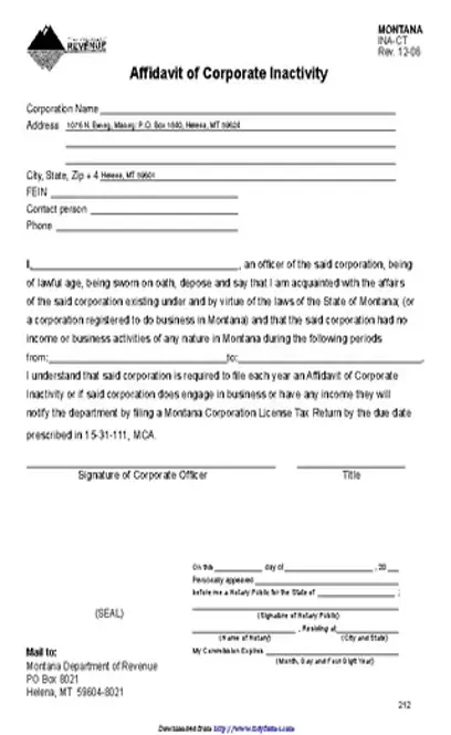 Montana Affidavit Of Corporate Inactivity Form