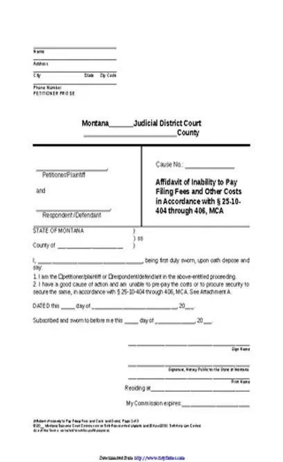 Montana Affidavit Of Inability To Pay Form