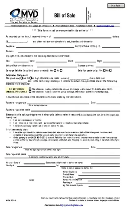 Montana Motor Vehicle Bill Of Sale Form