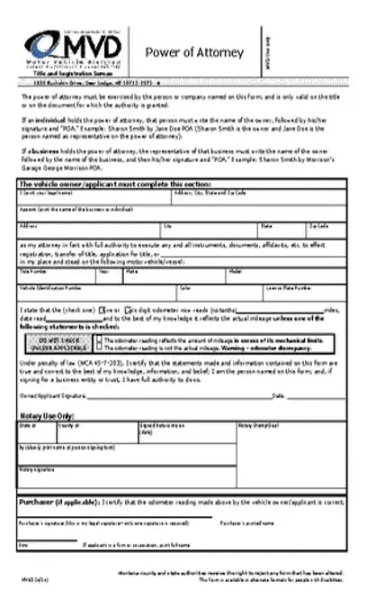 Montana Motor Vehicle Power Of Attorney Form