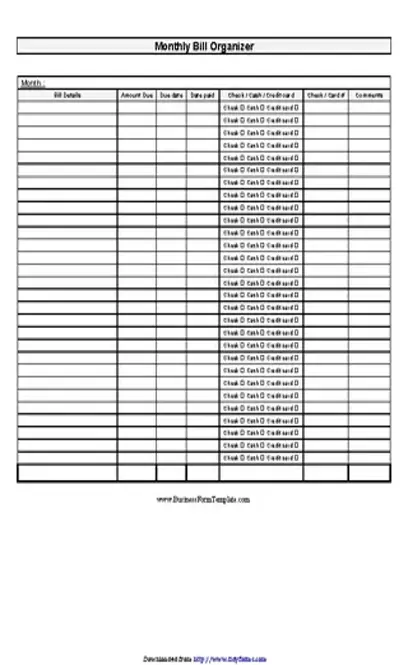 Monthly Bill Organizer Chart