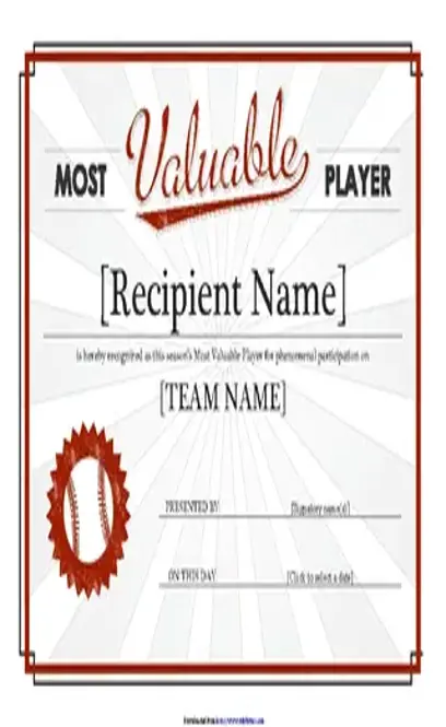 Most Valuable Player Award Certificate