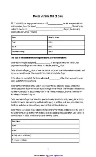 Motor Vehicle Bill Of Sale