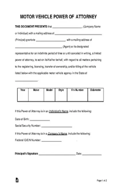 Motor Vehicle Power Of Attorney Form