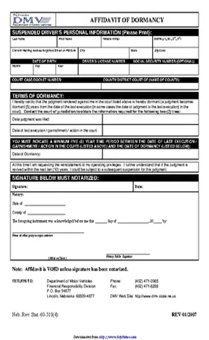 Nebraska Affidavit Of Dormancy Form