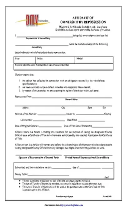 Nebraska Affidavit Of Ownership By Repossession Form