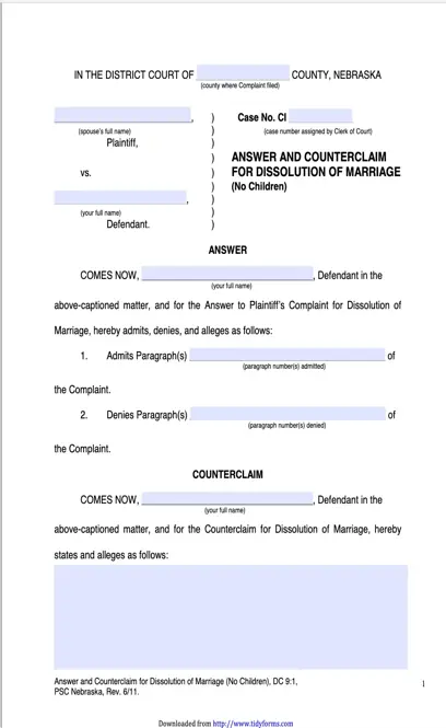 Nebraska Answer And Counterclaim For Dissolution Of Marriage No Children Form