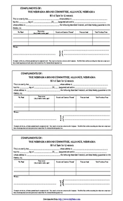 Nebraska Bill Of Sale Form For Livestock