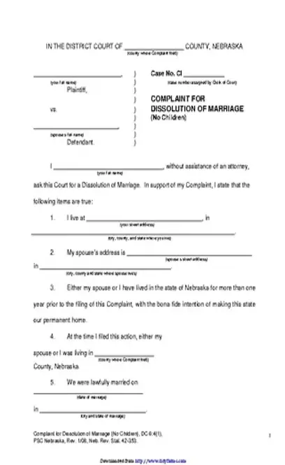 Nebraska Complaint For Dissolution Of Marriage No Children Form