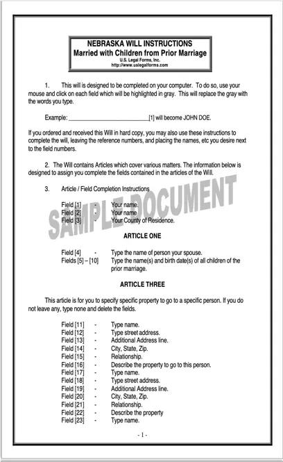 Nebraska Last Will And Testament Form For Married Person With Minor Children From Prior Marriage