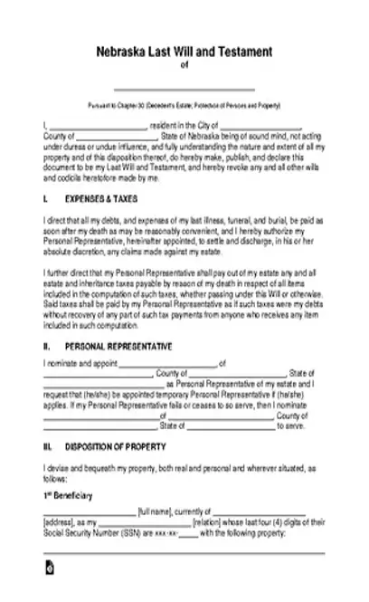 Nebraska Last Will And Testament Template