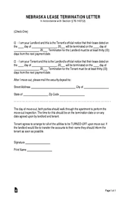 Nebraska Lease Termination Letter Form