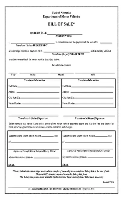 Nebraska Motor Vehicle Bill Of Sale Form