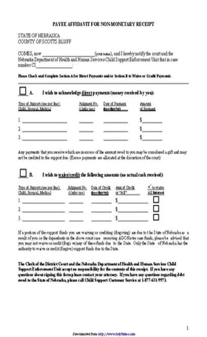 Nebraska Payee Affidavit For Non Monetary Receipt Form