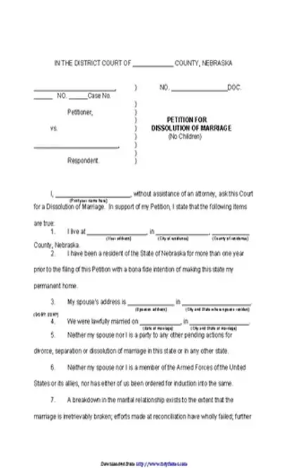 Nebraska Petition For Dissolution Of Marriage No Children Form