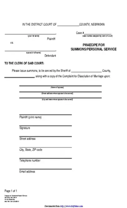 Nebraska Praecipe For Summons Personal Service Form