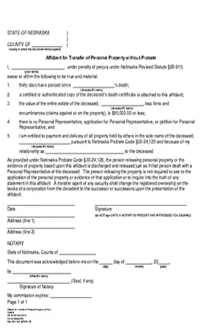 Nebraska Small Estate Affidavit Personal Property Form Cc 15 40