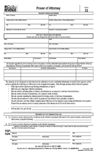 Nebraska Tax Power Of Attorney Form