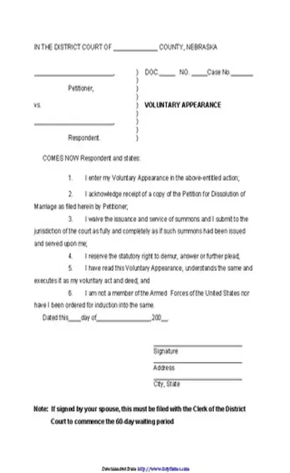 Nebraska Voluntary Appearance Form