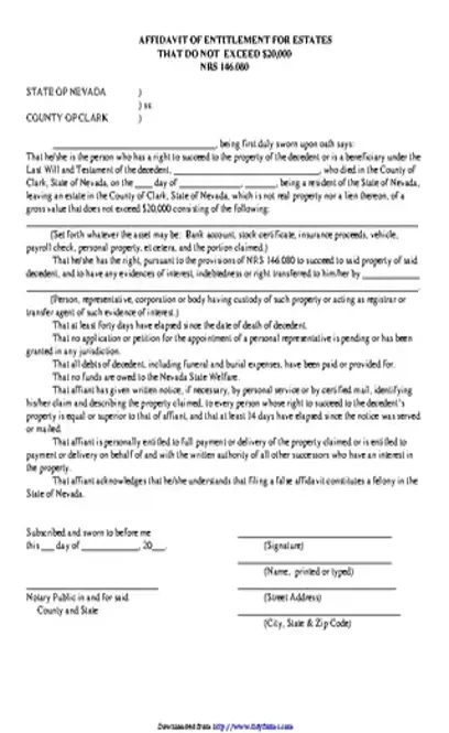 Nevada Affidavit Of Entitlement For Estates That Do Not Exceed 20000 Form