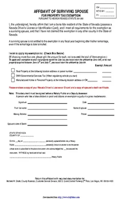 Nevada Affidavit Of Surviving Spouse For Property Tax Exemption Form