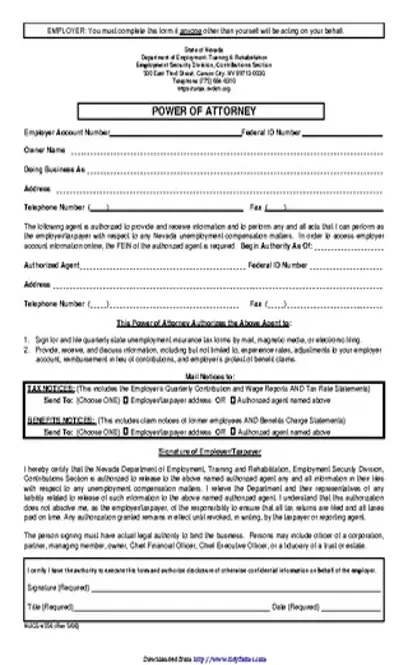 Nevada Employers Power Of Attorney Form