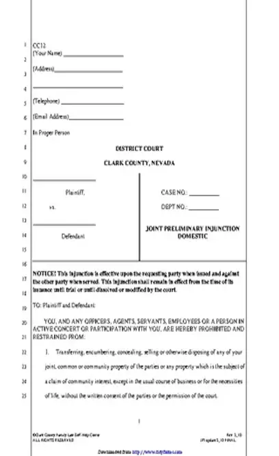 Nevada Joint Preliminary Injunction Optional Form