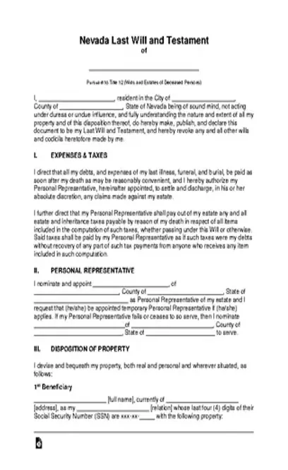 Nevada Last Will And Testament Template