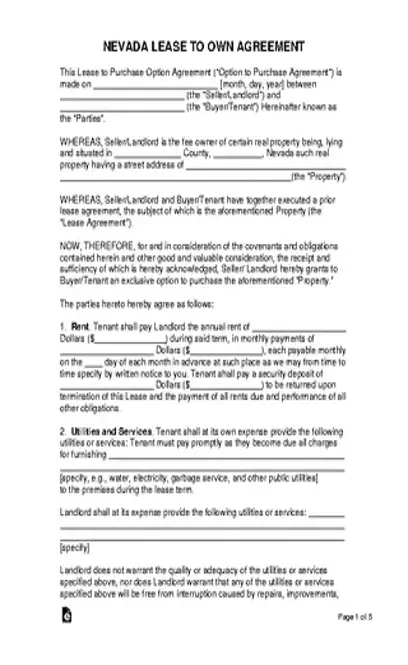 Nevada Lease Agreement Option To Purchase Form