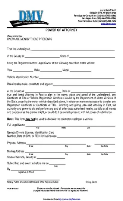 Nevada Motor Vehicle Power Of Attorney Form