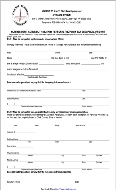 Nevada Non Resident Active Duty Military Personal Property Tax Exemption Affidavit Form