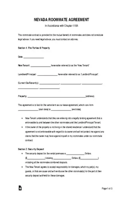 Nevada Roommate Agreement Form