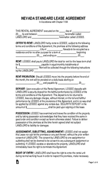 Nevada Standard Residential Lease Agreement Form