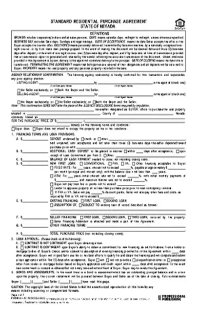 Nevada Standard Residential Purchase Agreement Form