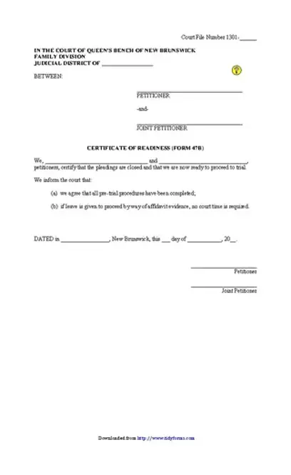 New Brunswick Certificate Of Readiness Affidavit Joint Form