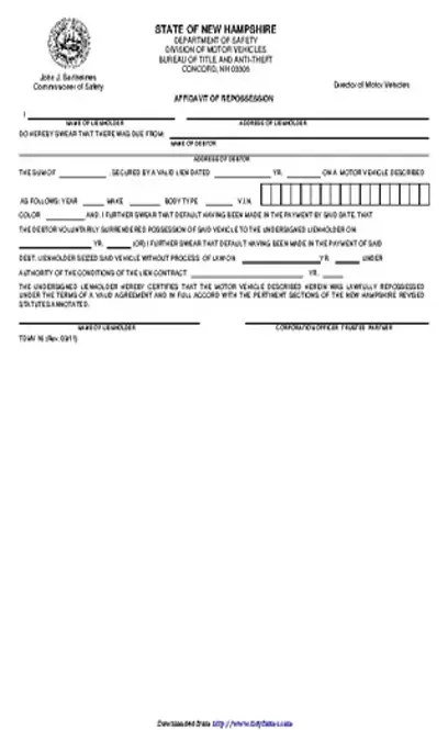 New Hampshire Affidavit Of Repossession Form